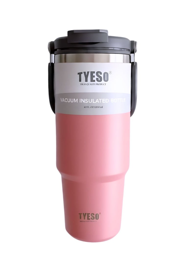 TYESO 1200ml Vacuum Insulated Tumbler 40oz Stainless Steel Travel Mug with Handle & Lid – Double Wall Thermal Water Bottle for Hot & Cold Drinks, Leakproof Large Capacity Cup – Pink - Image 2